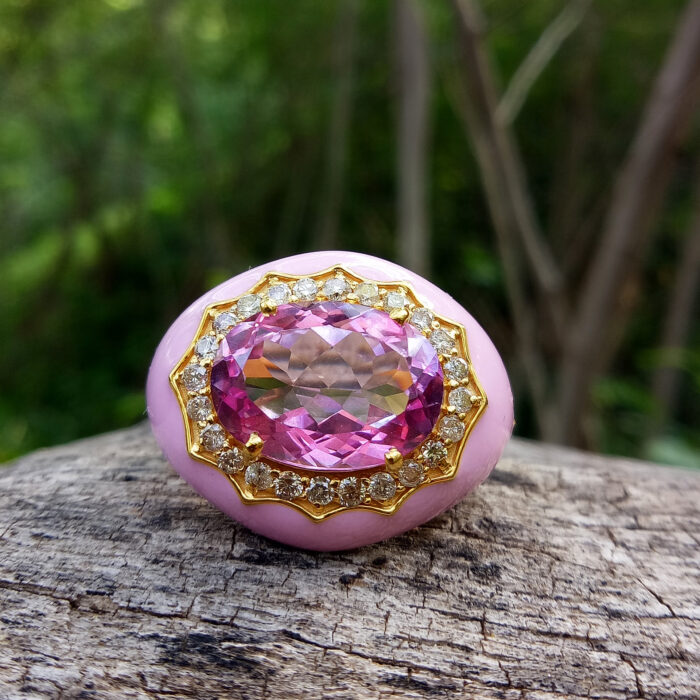 Pink Topaz & Diamond Enamel Ring