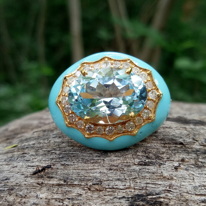 Bluetopaz & Diamond Enamel Ring