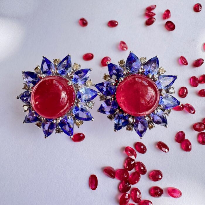 Ruby Cabochon & Tanzanite Earrings