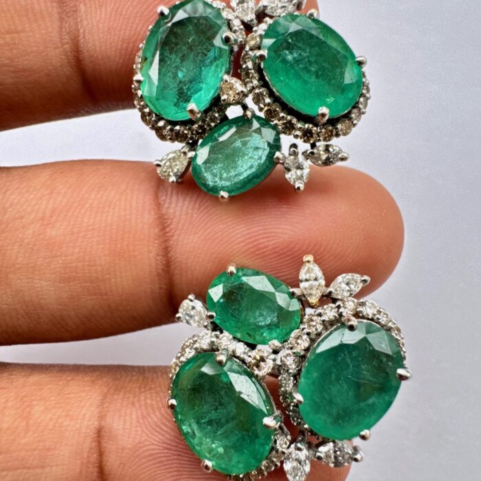 Emerald Oval & Daimond Marquis Earrings