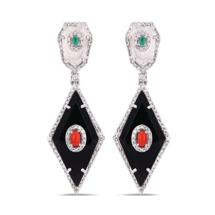 Emerald Coral Black Onyx Crystal & diamond Earrings