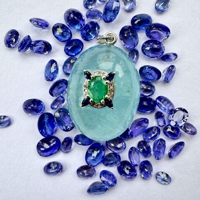 Aquamarine Cabochon & Emerald Pendant