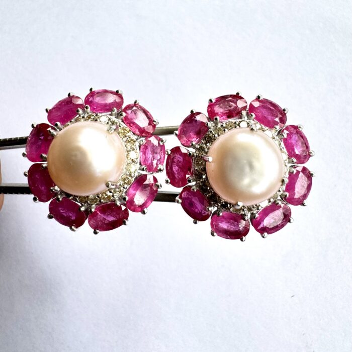 Mozambique Ruby & Pearls Earrings Studded With Diamonds