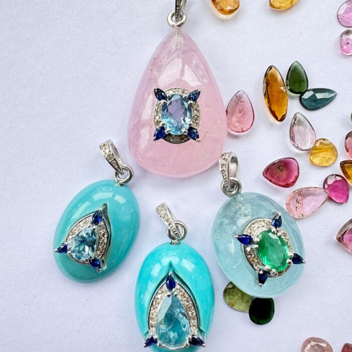 Morganite , Aquamarine & Blue Sapphire Inlay Pendent