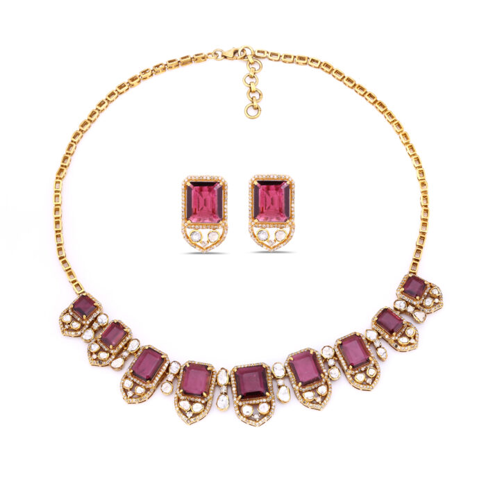 Pink Tourmaline Octagon & Polki Necklace Set