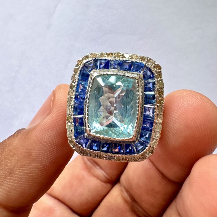 Aquamarine Cushion 6 CT Studded Royal Blue Sapphire & Diamond  Ring