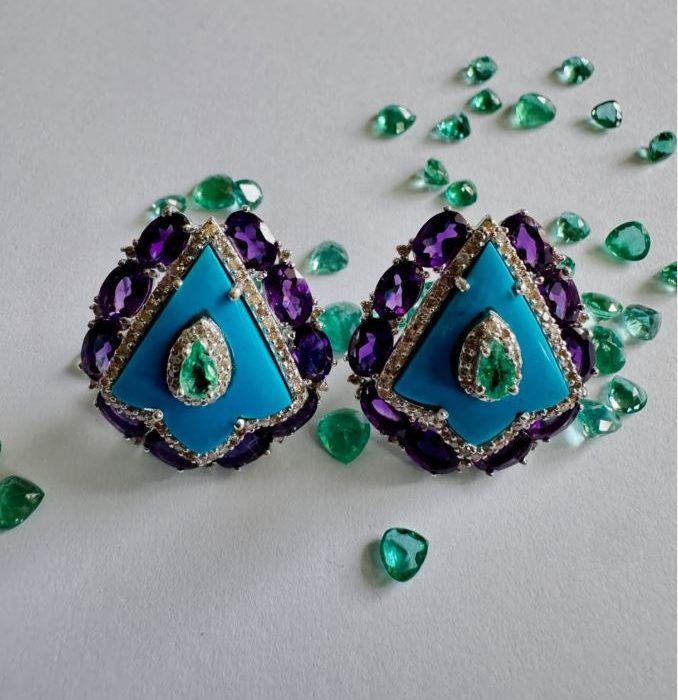 Turquoise & Amethyst Earrings Studded With Diamond