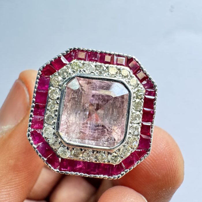 Pink Tourmaline & Ruby Ring Studded With Diamond