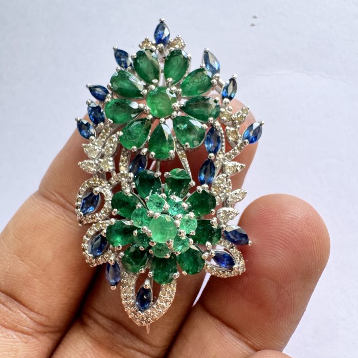 Emerald Blue Sapphire Brooch