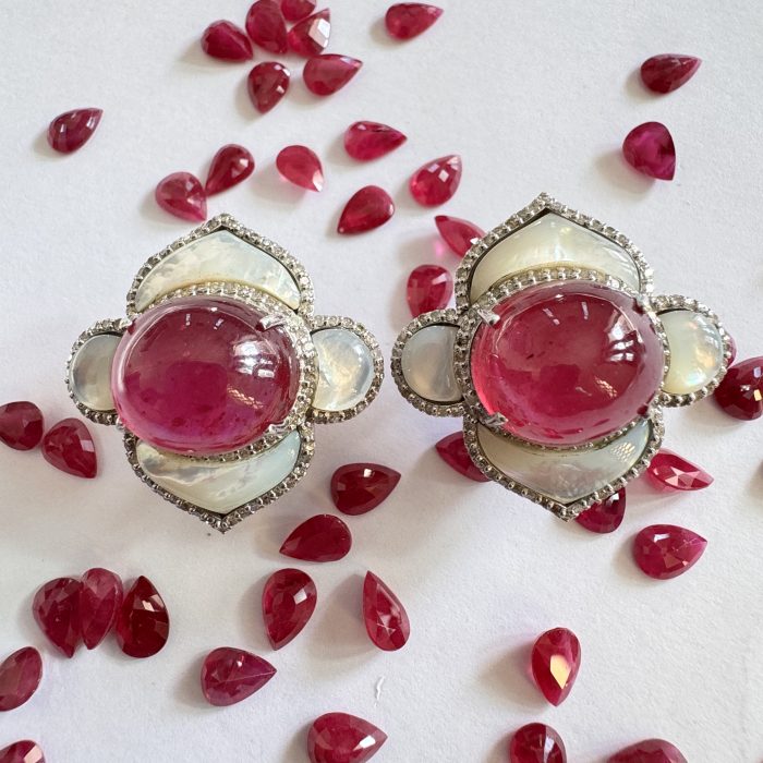 Ruby Cabochon Pair 36.40 CT Studded With Diamond & MOP