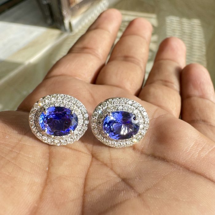 Tanzanite Oval Pair 5.75 CT Studded with Diamonds in 14k Gold
