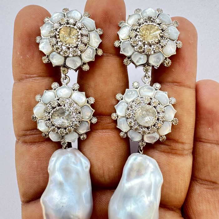 Mother Of Pearl Earring Studded With Barque Pearl & Diamond