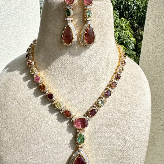 Multi Tourmaline Necklace Studded With Diamonds